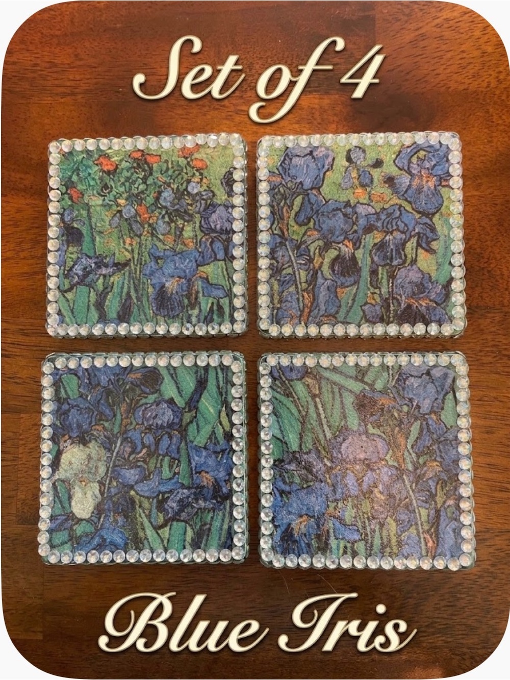 Handmade Blue Iris’ Print with Gemstones Coasters, Set of 4